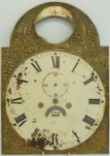 A c19thC longcase clock dial with painted Roman centre and embossed brass surround,