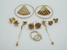 Seven pairs of 9ct gold earrings, 6.