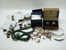 Three silver bracelets, silver necklaces, silver earrings, malachite, a quantity of silver rings,