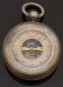 A base metal pocket barometer with skeleton silvered face,