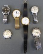 Six gentleman's wristwatches including Avia Cadet, Excalibur, Citizen automatic, Timex and Lorus.