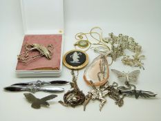 Two RAF brooches, silver gate bracelet, silver brooches, 9ct gold chain, silver necklaces,