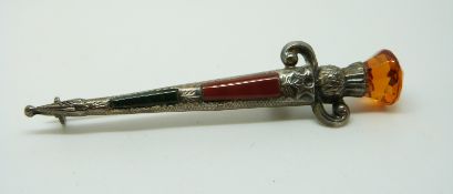 A Victorian silver brooch in the form of a sword topped by a thistle, set with two types of agate,