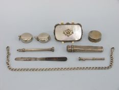 A mother of pearl purse, Victorian hallmarked silver pot, Mordan & Co pencil, a white metal pencil,