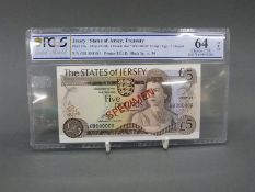 Jersey 1976-83 £5 specimen P12as gold shield grading,