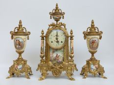 A c1970 French style brass clock garniture with painted porcelain panels,