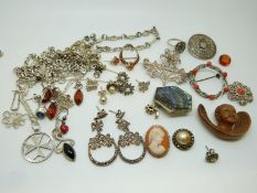 A collection of silver jewellery to include filigree brooches, marcasite set jewellery,