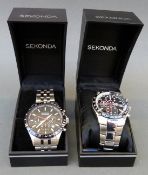 Two Sekonda gentleman's chronograph wristwatches both with luminous hands and markers, black faces,