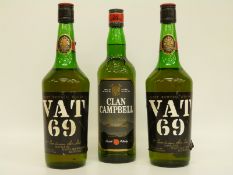 Two bottles of Vat 69 Scotch whisky 26 2/3 floz 70% proof and a bottle of Clan Campbell whisky