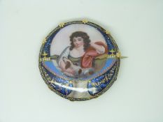 A 19thC brooch set with a portrait in enamel on a copper ground depicting a young woman with a