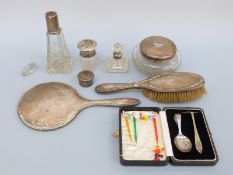 Six hallmarked silver mounted / topped dressing table items including mirror, brush, powder pot etc,