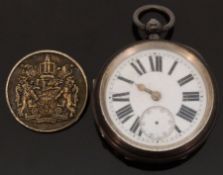 English hallmarked silver gentleman's open faced pocket watch with single gold hand,