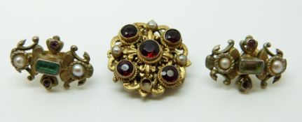 A pair of Austro Hungarian earrings set with pearls & green and pink foiled paste together with