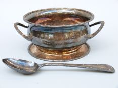 A George V hallmarked silver twin handled porringer or bowl,