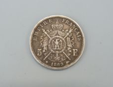 An 1869 Napoleon III 5 Franc coin, nice tone, Paris mint mark,