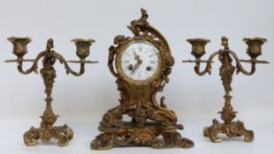 S Marti et Cie, Medaille de Bronze, mid to late 19thC brass / ormolu cased clock garniture,