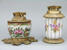 A late 19th/20thC Chinese porcelain table lighter with brass Tiki mechanism and a similar French
