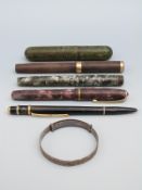 Four vintage pens including New Bond Easiflow and Swan and a silver bracelet