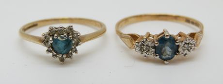 Two 9ct gold rings set with topaz and diamonds (size P and N)