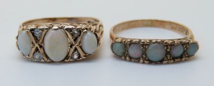Two 9ct gold rings set with opals (size L and M)