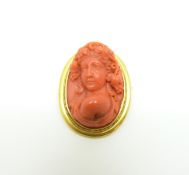 An 18ct gold brooch set with a carved coral cameo depicting a woman with grape vines in her hair, 3.