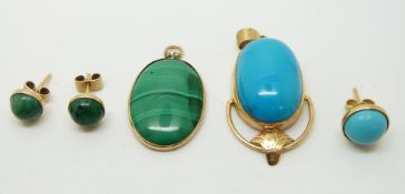 An 18ct gold pendant set with a turquoise cabochon and a 9ct gold pendant set with a malachite
