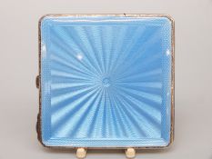 A George VI Mappin and Webb guilloché enamel and hallmarked silver powder compact, width 7cm,