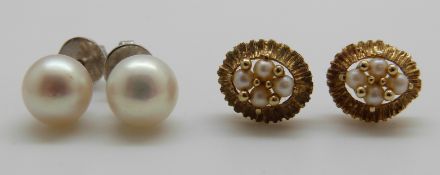 A pair of yellow metal earrings set with pearls and a pair of 18ct white gold earrings set with a