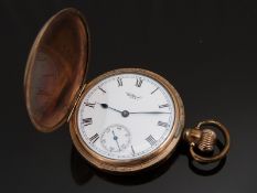Waltham gold plated gentleman's keyless winding full hunter pocket watch with subsidiary seconds