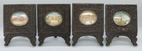 A set of four early 20thC Anglo Indian miniatures on ivory of the Taj Mahal and other scenes,