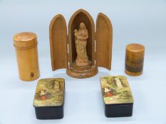 Papier mache Lourdes snuff boxes, carved wooden travelling reliquary,