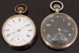 Two keyless winding gentleman's open faced pocket watches one military style with Arabic numerals,