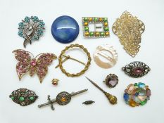 A collection of costume jewellery brooches including a butterfly,
