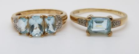 Two 9ct gold rings set with aquamarines and diamonds (size P and T)