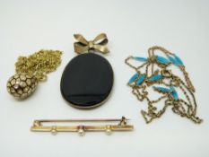 A 9ct gold necklace, Victorian enamel necklace and Victorian brooch,