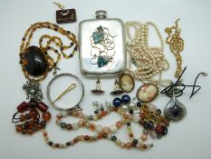 A beaded malachite necklace, 8 silver rings, silver necklaces, silver earrings, silver bangle,