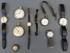 Nine ladies and gentleman's wrist and pocket watches including a silver ladies fob watch,
