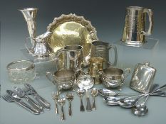 A collection of metalware to include three pewter tankards, bud vase, two EPNS jugs, salver,