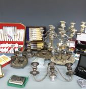 A quantity of silver plate including cased cutlery, candelabra, watches including Rotary,