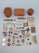 A group of small collectables to include badges, medal bar, pen knives, collar studs, watch chain,