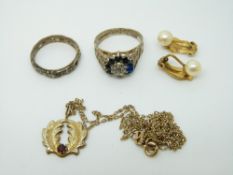 A yellow metal ring, 9ct gold necklace, a pair of 9ct gold earrings (5.