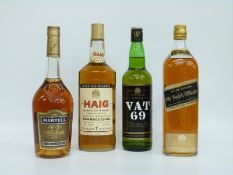 Three bottles of whisky comprising, Haig 1 quart, 43% vol, Johnnie Walker black label,
