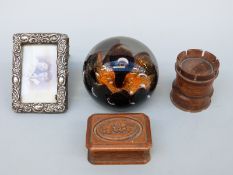 A hallmarked silver photograph frame overall size 6 x 8cm, treen boxes,