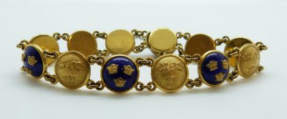 A Swedish gilt bracelet set with circular links depicting three crowns to each with alternating