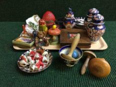 A tray of pair of Oriental imari style urns, Japanese lacquered pots, needle gauge,