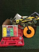 Storage seat tool box with tools, 20m extension lead, box of mitre saw, Black and Decker drills,