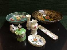A tray of pottery bowls, Wedgwood dish, Maling lustre preserve pot,