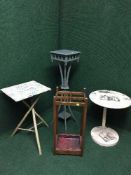 An oak stick stand with metal tray, painted plant stand,