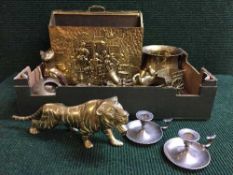 A box of brass magazine rack, horse and carriage,