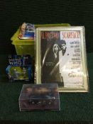 A box of Dr Who toys, Batman die cast vehicles, model planes on stands, Nintendo DS,